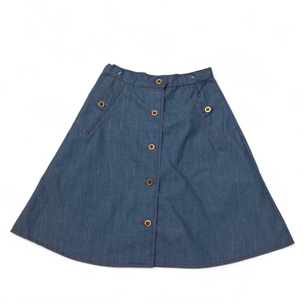 Vintage Sevilla Girl’s Denim Skirt Size 7 Button Front Blue Red Stitch NWT 1970s